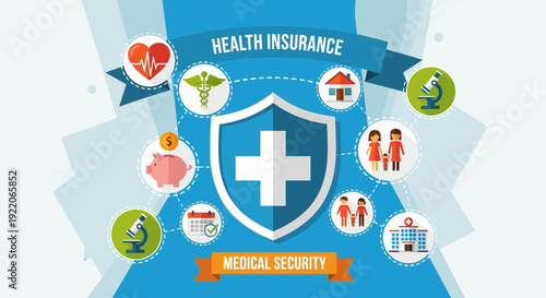 Flat vector illustration of health insurance concept with shield and medical cross in the center, surrounded by healthcare icons such as doctor, patient, hospital building, ambulance, heart, globe, an