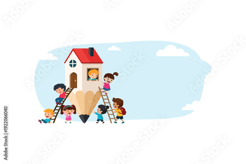 Children Playing Around House Illustration