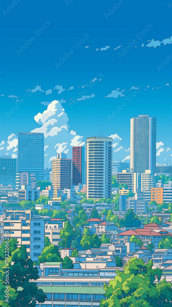 Fototapeta premium 大きな雲が浮かぶ都市の遠景、手描き風の高層ビル群、街のパノラマと余白構図、背景素材、風景、建築、街並み、スカイライン