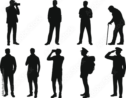 People silhouette set, collection of businessman, cameraman, traveler and senior man with cane in different poses isolated vector illustration