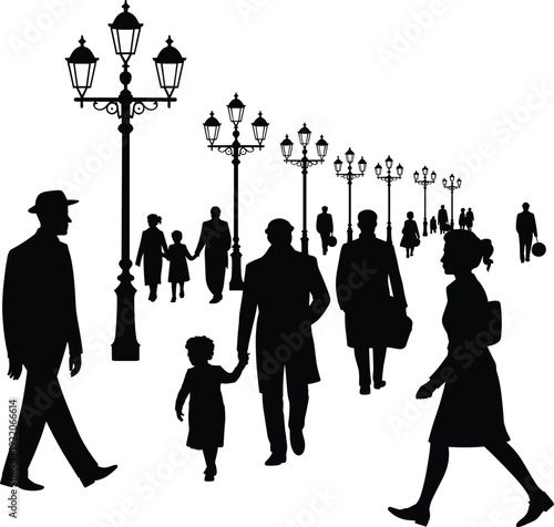 People silhouettes walking along vintage street lamps, urban night city scene with men women and child perspective vector illustration collection