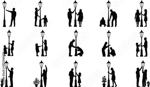 People silhouettes interacting with vintage street lamps in park, family and couple lifestyle collection vector illustration isolated on white background