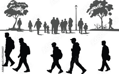 People silhouettes walking in city park with trees and crowd background, urban outdoor pedestrian scene vector illustration