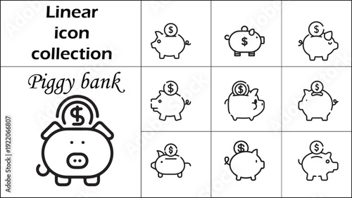 Collection of 10 outline icons pertaining to piggy banks.Linear icon set.Editable stroke.Vector illustration.