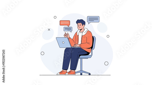 Young man with laptop, online communication, chat bubbles, modern flat illustration