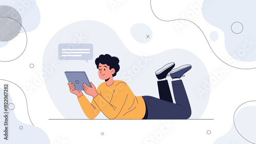 Young man lying down using a digital tablet, communication bubble above his head.