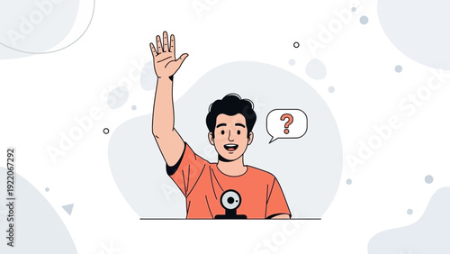 Young Man Raising Hand With Question Mark Bubble, Education Concept