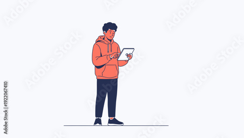 Young Man Using Tablet, Modern Flat Illustration, Casual Style