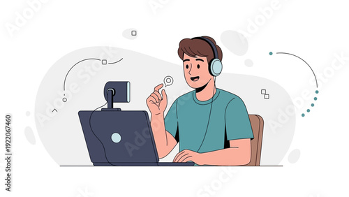 Young man with headphones streaming online video, talking to webcam on laptop