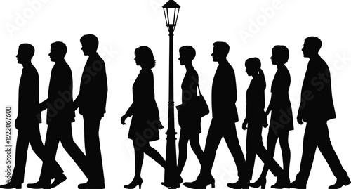 Professional people silhouettes walking under street lamp, urban business crowd pedestrian scene vector illustration isolated on white background
