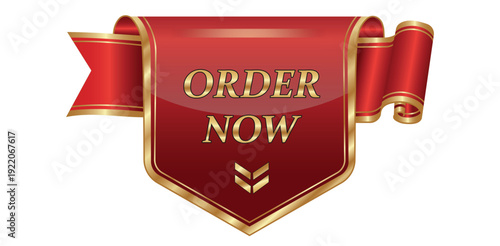 Order now elegant red ribbon banner golden trim premium sale discount special offer shop buy click call today limited