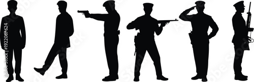 Police officer silhouette set, law enforcement personnel with pistol and rifle in different poses isolated on white background, vector illustration