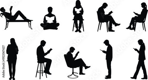 Reading people silhouettes set with men and women sitting and standing, book lover lifestyle vector illustration isolated on white background