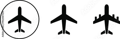 Airplane icon silhouettes set, commercial jet aircraft symbols isolated black aviation signs on white background for travel design