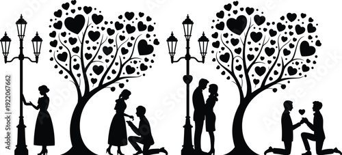 Romantic couple proposal silhouette set, love scene under heart shaped tree with vintage street lamps black vector illustration isolated on white background