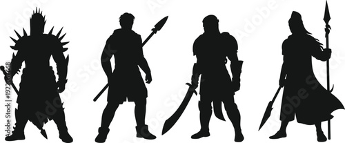 Fantasy warrior silhouettes set with swords and spears, epic medieval fighters isolated black characters on white background illustration