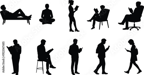 Reading people silhouettes set, men and women sitting standing and walking with books isolated on white background education lifestyle vector illustration