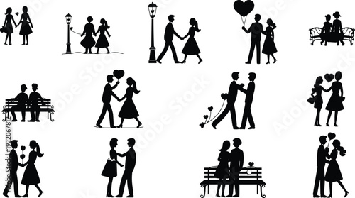 Romantic couple silhouettes collection, lovers dating walking holding hands hugging with hearts and park bench vector illustration set