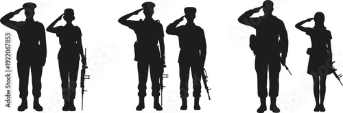 Military soldier silhouettes saluting with rifles, army men and women isolated black figures on white background for defense concept