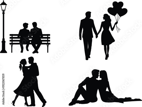 Romantic couple silhouettes collection, lovers holding hands with heart balloons sitting on bench dancing and relaxing isolated vector illustration set