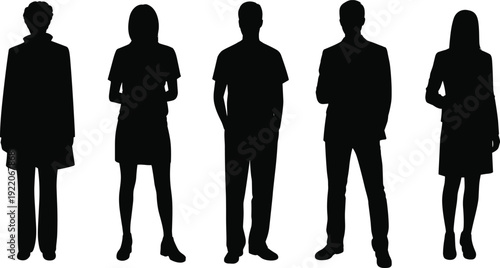 Business men and women silhouettes set, standing professional people isolated black figures on white background for corporate profile design