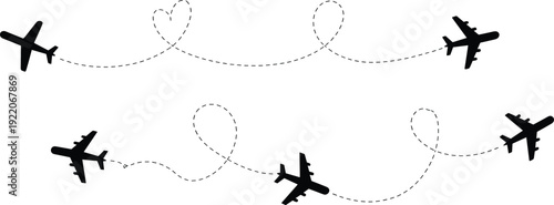 Airplane silhouettes with dotted flight path lines forming heart shapes, travel route icons isolated on white background for tourism design