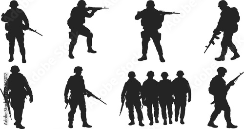 Army soldier silhouettes with rifles in tactical combat poses, military infantry forces isolated black figures on white background design