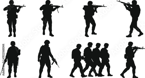 Military soldier silhouettes with rifles in combat positions, tactical army forces isolated black figures on white background for defense concept