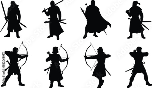 Fantasy warrior and archer silhouettes collection with swords and bows, medieval fighters isolated black figures on white background design