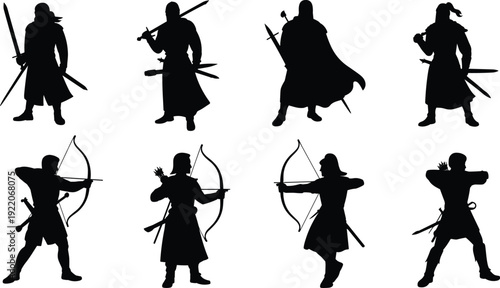 Medieval fantasy warrior and archer silhouettes set with swords and bows, ancient fighters isolated black figures on white background