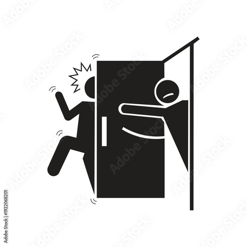 The iconic image of a person trapped behind a door is a silhouette illustration generally designed to convey a sense of limitation, panic, helplessness, or threatened security. Descriptions vary from 