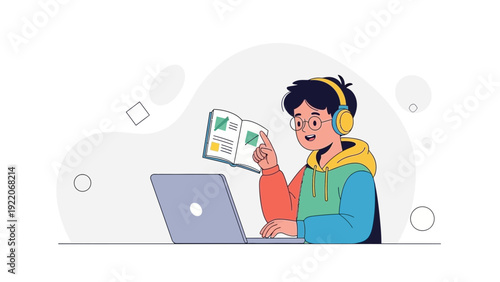 Young student learning online with laptop and book, wearing headphones