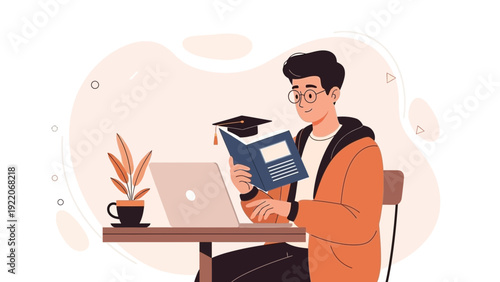 Young student studying online with laptop and books, graduation cap on table