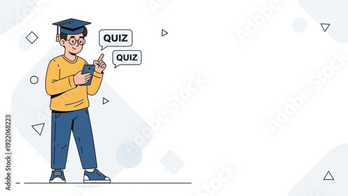 Young Student Taking Online Quiz on Smartphone with Graduation Cap