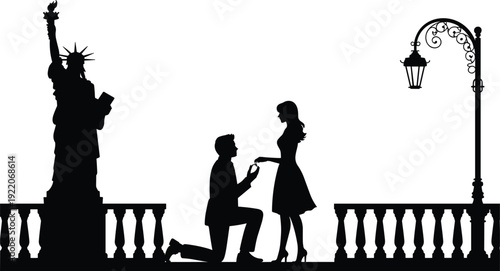 Romantic marriage proposal silhouette near Statue of Liberty, man kneeling with engagement ring to woman on terrace balcony vector illustration