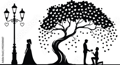 Romantic marriage proposal silhouette under heart shaped tree with vintage street lamp, couple engagement love vector illustration