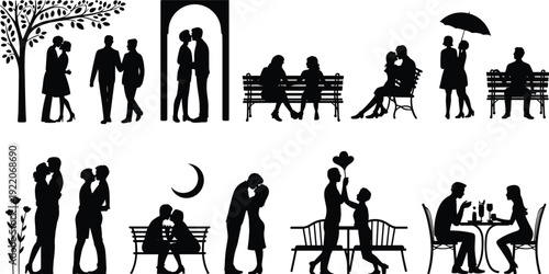 Romantic couple silhouettes in park and cafe scenes, love relationship dating collection vector illustration isolated on white background