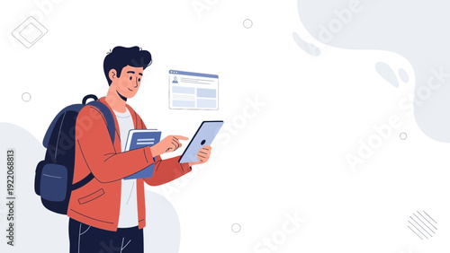 Young student with backpack and tablet, learning online, modern education concept