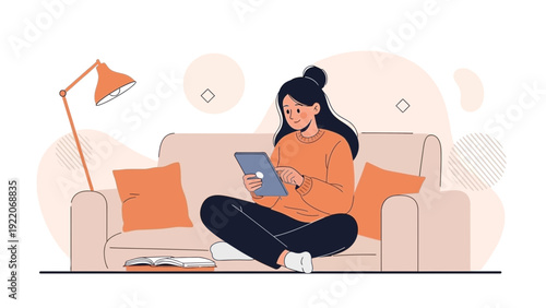 Young woman relaxing on sofa using tablet, modern home interior, cozy atmosphere