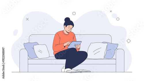 Young woman relaxing on sofa, using tablet, modern illustration