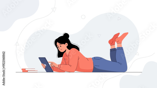 Young woman relaxing with tablet, casual lifestyle, modern illustration