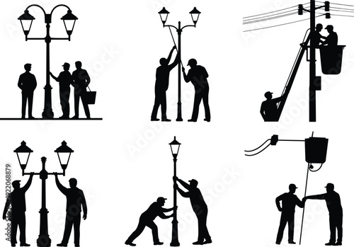 Street light and power line maintenance worker silhouettes, electricians repairing lamp posts and utility poles, urban infrastructure service vector illustration set