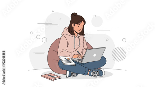 Young Woman Studying Laptop Computer Sitting on Beanbag Chair, Online Education