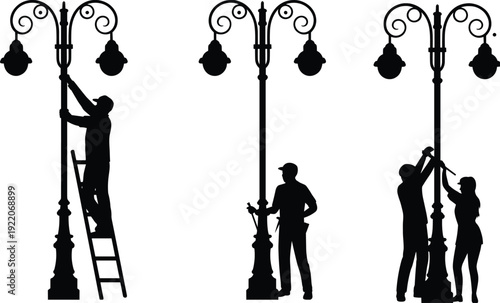 Street lamp repair worker silhouettes, electricians installing and maintaining vintage lantern posts black vector illustration isolated on white background