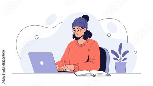 Young Woman Working on Laptop at Desk, Studying, Online Learning, Digital Nomad