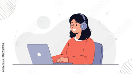 Young Woman Working on Laptop with Headphones, Online Learning, Remote Work