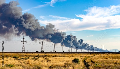 Power lines against a backdrop of smoke and clouds