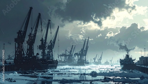 Industrial port with cranes and ships in foggy weather