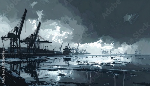 Industrial port with cranes and ships in foggy weather