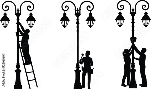 Street light repair workers silhouettes, electricians maintaining vintage lamp posts with ladder and tools black vector illustration isolated on white background